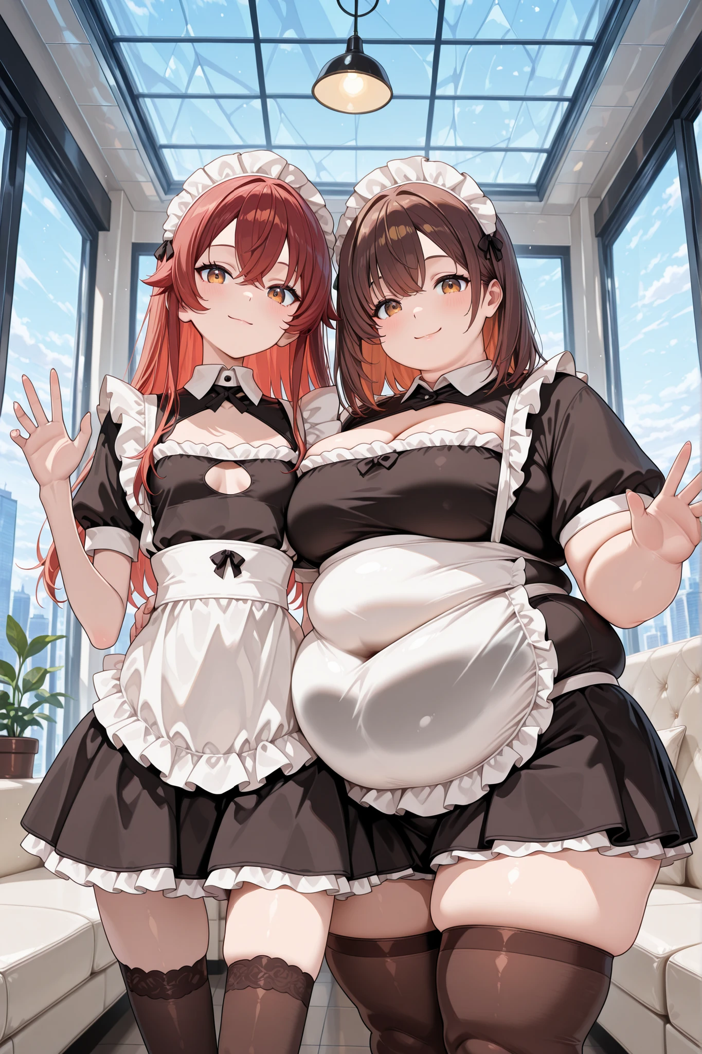 Watercolor painting,Perfect hand,masterpiece, best quality,very aesthetic,BREAK,(2girls)(weight difference, skinny,obese, looking at viewer, kind smile)(red hair, brown hair) (maid outfit, cleavage cutout, white collar, black shirt, short skirt, undersized clothes, maid head piece, brown thigh highs), (belly hidden under clothes:1.2), BREAK, (inside modern house, large room, glass ceiling, glass wall, view over city, blue sky, white couch in background, pot plant)(cinematic lighting)