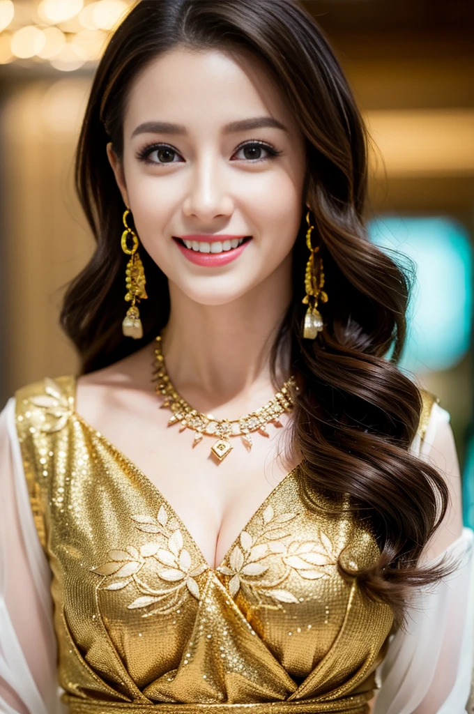 The highest image quality, the best quality, infinite details, 8k resolution, an exquisite beautiful girl, goddess, fairy-like, beautiful eyes, charming eyes, moist lips, long brown hair, slightly curled, oval face, oval face, smiling, detailed face, detailed expression, detailed facial features, a masterpiece, full of details, detailed background, detailed characters, detailed hair, detailed hair, detailed body, detailed hands, detailed clothes, detailed face, perfect face, extreme arms, hair, facing the viewer, necklace, lipstick, earrings, sunset, standing, full body photo, a masterpiece, infinitely close to reality, ((full body)) ((exquisite clavicle))