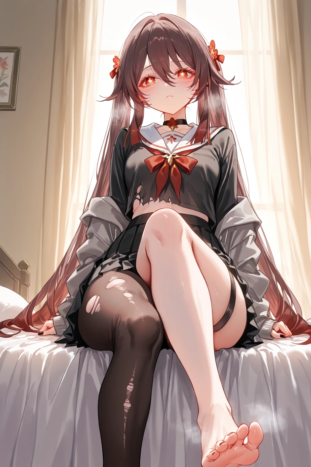 Rin Tohsaka, An 18-year-old Japanese girl with a mature and slender figure, slightly disheveled hair, full body portrait from head to toe, red face, shy expression, composition from the front, composition from slightly below, front view Sitting face to face, legs spread in an M-shape, black pantyhose, (black pantyhose): 1.2), white panties visible, small breasts, white panties visible, no shoes, Bedroom, inside the room, daytime, looking at the viewer, panties, frontal composition, looking at the viewer, slender legs, slender thighs, slim toes touching the floor, soles of the toes A short pleated skirt with a plaid pattern, posing with her hands hidden behind her back, blazer high school uniform, high school girl