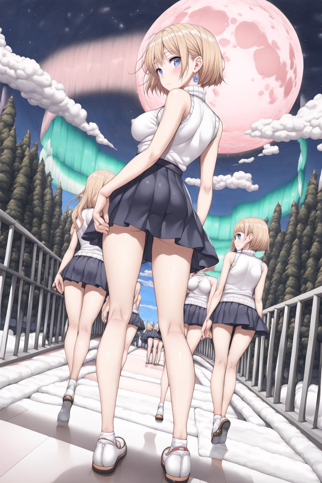 Highest quality, masterpiece, Ultra-high resolution, One girl,

Smooth blonde hair with dark roots Two-tone hair Blonde bob cut Slanted eyes Red eyes Crimson eyes Sparkling eyes drawn in detail Tanned skin Brown skin Traditional sailor suit Dark green sailor suit White socks Loafers Low angle View from below White underwear with underwear visible Sexy Best proportions Bright night sky A single shooting star Standing with legs apart Confident posture Arms folded in front of chest