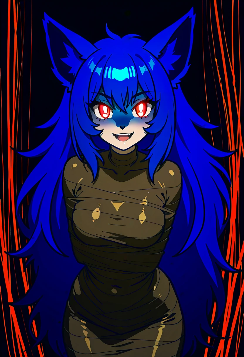 1girl, solo, cowboy shot, arms behind back, blue hair, scales on neck, pointy ears, cyclops, green eyes, horns, ebiblue, (evil grin:0.9), smug, sharp teeth
<lora:cacochan_v1-000011:1> <lora:ebiblue_v2-32rank:0.7>