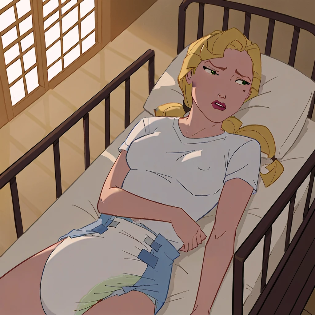 score_9, score_8_up, score_7_up diane, 1girl, blonde hair, solo, freckles, long hair, necklace, cleavage, aqua nightgown, frilled nightgown, laying on back, on bed, sleeping, bedroom background, big belly, round belly,
