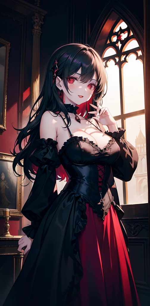 (masterpiece, top quality, very aesthetic, 4k、illustration), intricate detail, 1woman,solo,contrapposto 、(gradient eyes、tareme)、Strong glowing eyes、parted bangs,Fair skin,(upper body)、Cool women、Cleavage、 smile、(red lipstick),beautiful face、(gradient hair)、(dark red hair)、(messy hair),sidelock ,parted bangs,red eyes、halter top Victorian Dress、medium breasts、slender 、