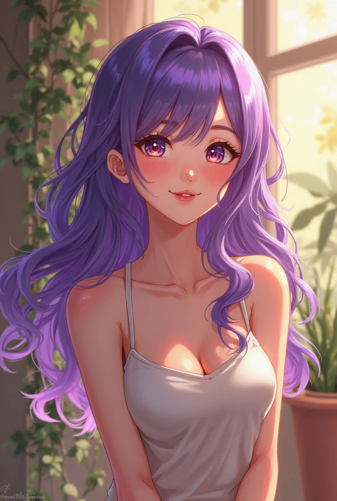 anime girl with long purple hair and a white bra top, pretty anime girl, seductive anime girl, soft anime illustration, anime girl, beautiful anime girl, attractive anime girl, beautiful alluring anime teen, cute anime girl, anime woman, flat anime style shading, beautiful anime woman, juri misaki, portrait anime girl, in an anime style, (anime girl)