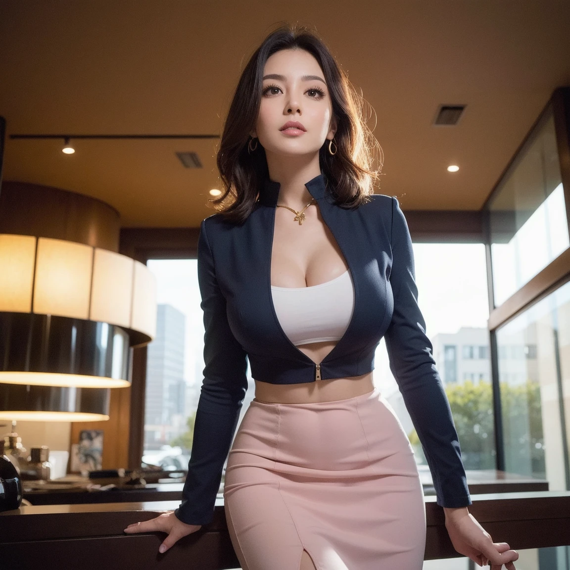 (RAW Photos:1.2), (Realistic:1.4),Beautiful detailed woman,非常にBeautiful Eyesと顔, Beautiful Eyes, Very detailedな,High resolution, Very detailed,Highest quality,Consciousness upward,Unified,8k wallpaper,masterpiece,Highest quality,1 female,alone,rich,Ezvian everywhere,（standard body type）,（Toned figure）,Thick legs,Narrow waist,alone,（(Black Business Suit:1.4)）,((Red shirt with a large open chest:1.4)),stockings、（Black high heels：1.4）、jewelry、 necklace、（Very short brown hair：1.4）,優しいsmile,A dignified atmosphere,black eye,Realistic, (Spacious lobby in a modern office building:1.4)、（Are standing：1.2）、The emergence of the business elite、（smile；1.3）、（D cup breasts）、