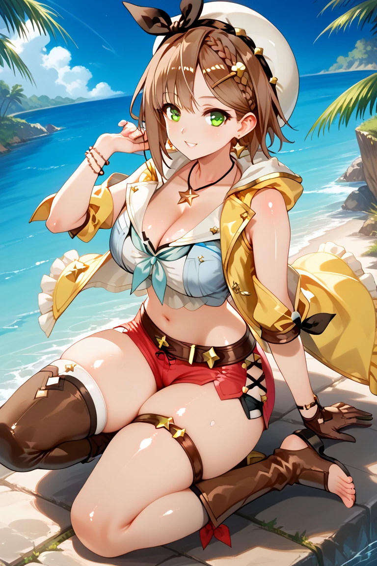 (Beautiful fine details:1.6), Highly detailed face, Highly detailed CG, (Perfect hands, Perfect Anatomy),
((highest quality)), ((masterpiece)),High resolution,Sharp focus,(Highly detailed CG Unity 8k wallpaper),
(((Vibrant colors))), Perfect Face,Seductive eyes,Liza Lynn Stout, Raisalin Stout, 
Big Ass,Big Breasts,glamorous_expensive_Tight waist_Long legs,curve,Thighs,curvy,
very shiny 肌,Shiny body,plastic glitter 肌,exaggerated shiny 肌,illuminated skin,
cute,Lewd,erotic,Bold,Camel Toe,short hair,
Brown Hair,Knee socks,gloves, brown gloves, 片手gloves,レザー gloves,
White Hat, Star Necklace,hair ornaments, (Brown eyes:1.5), Hair Clip, 
Shy laugh,
smile, Open your mouth, 
Sweaty skin,
Water dripping,Sitting,Raise your knees,Spread your legs a little,(Anatomically correct),Beyond the Clouds, Surrounded by water, reflection,Breathtakingly beautiful clouds,Ocean,