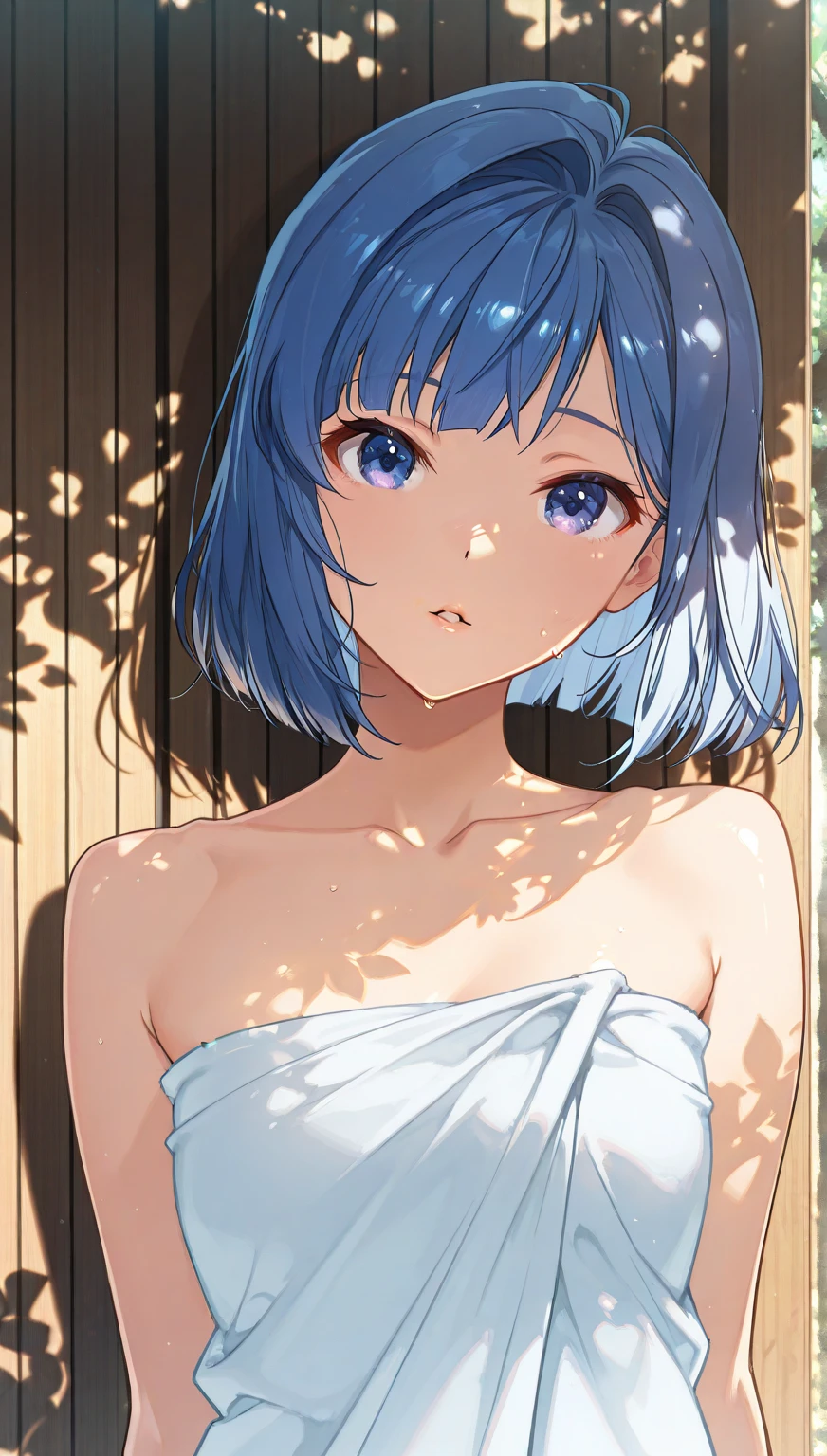 (Highest quality:1.4、8K:1.4、detailed)、F cup bust、Big Breasts、Slim body、Very white beautiful skin、((((1 person、Surprised expression、sit、Chair、In the background are the urban buildings of Tokyo、looking at the camera、Outdoor café terrace、coastal、Navy hair color、juice、Shooting up close、table、Very cute face))))、((((、))))、(One hand touching cheek pose:1.4)、、Very blue sky、A completely cloudless sky