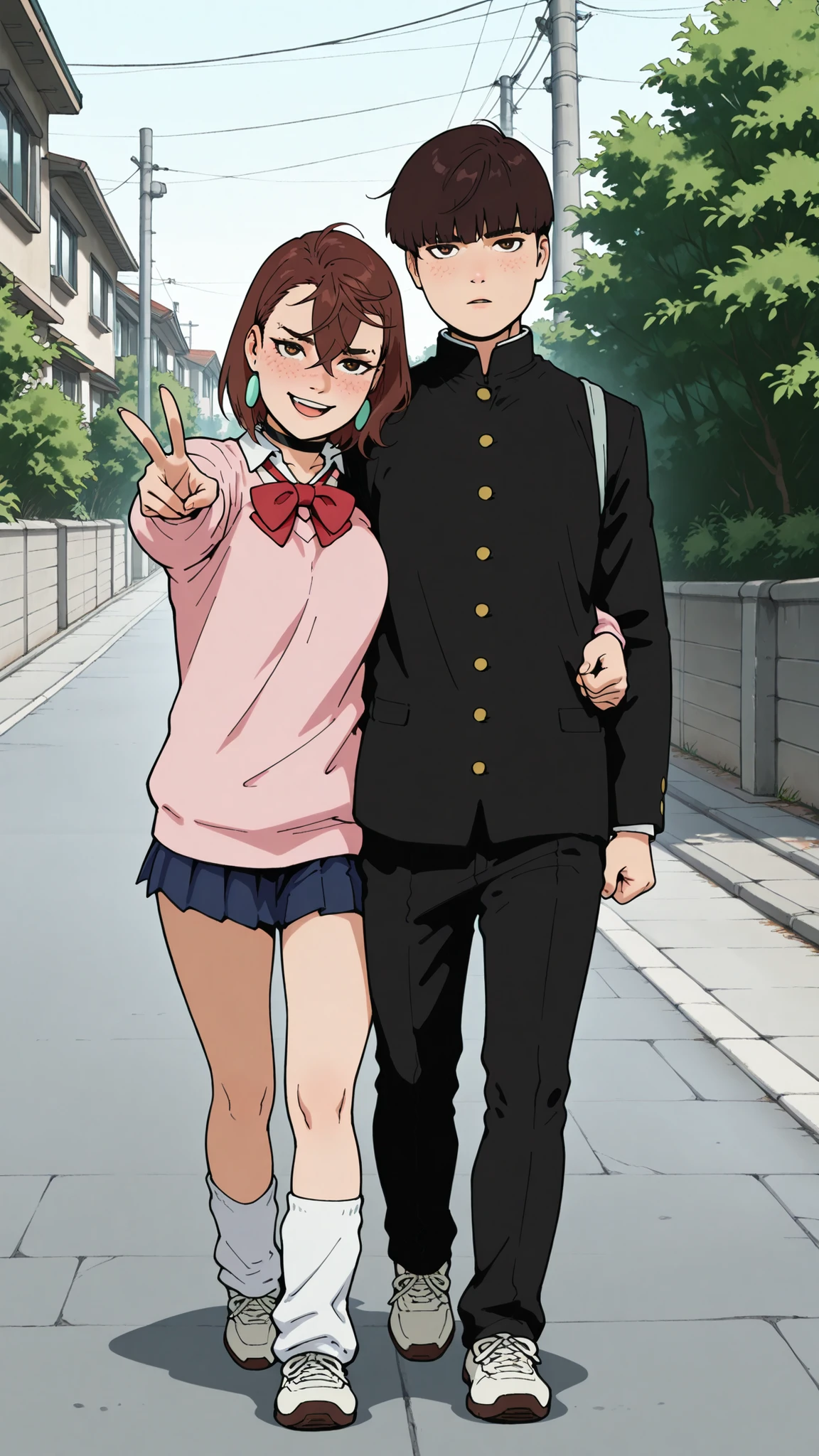 HDR, 8K, masterpiece, best quality, amazing quality, very aesthetic, realistic, newest, volumetric lighting, (flat colors:0.7), (artist:incase:0.3), (artist:tsuaii:0.3),Sinozick_illu, 1girl, 1boy, momo ayase (dandadan), brown hair, short hair, hair between eyes, asymmetrical bangs, brown eyes, earrings, black choker, school uniform, white collared shirt, pink sweater, long sleeves, red bowtie, blue skirt, miniskirt, white socks, loose socks, brown footwear, Shigeomob, Bowl cut, School uniform, gakuran, black shirt, black pants, white footwear, full body, straight on, walking, shoulder to shoulder, locked arms, Momo Ayase is laughing, looking at viewer, gyaru v, mob is blush and looking down, mob face, outdoors, street,