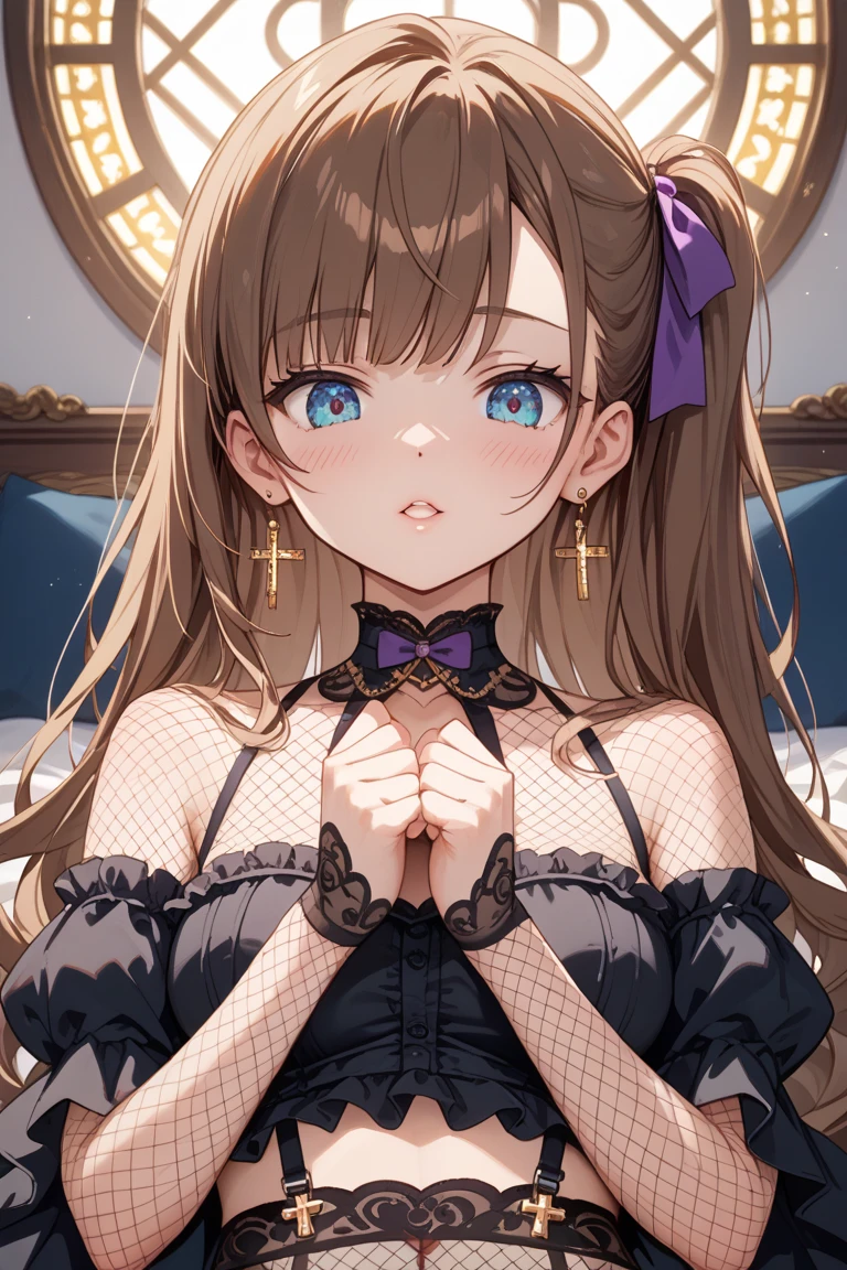 ((best quality)), ((masterpiece)), (detailed), perfect face, ((Best quality, 8k, Masterpiece: 1.3)), Sharp focus A beautiful woman, Slim abdomen, Highly detailed face and skin texture, Detailed eyes, Double eyelid, brown hair, low twin braids, hair flower, heart earrings, from behind, Bewitching smile, bewitching pose, bedroom, dim room, purple lighting