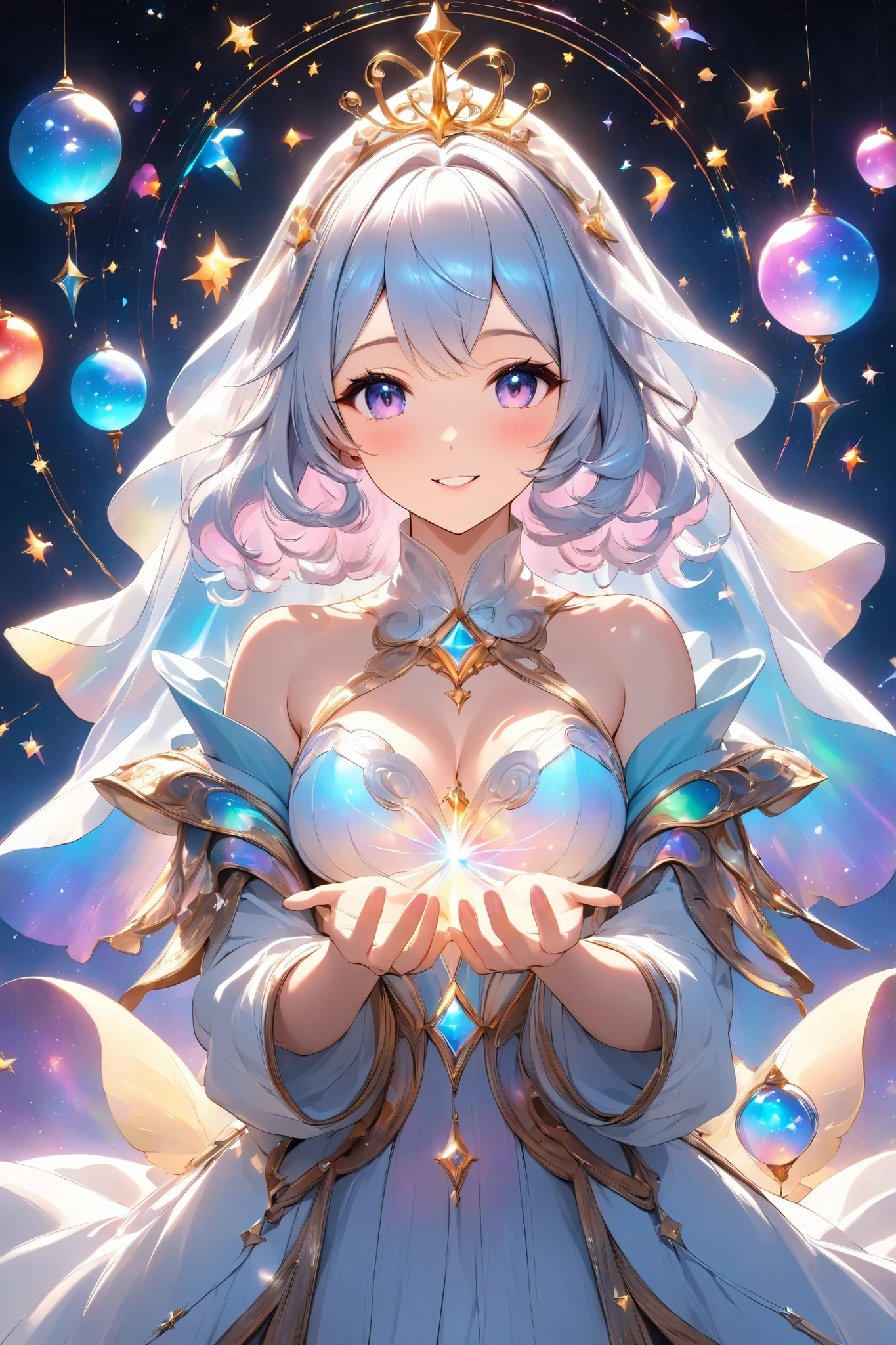 Lumiere, mysterious and sensual, transparent glow, flowing celestial form, alluring expression,
rhythmic movement, multiple tasks,
gentle touch, beautiful hands, enveloped by beautiful hands,
multi - colored talents seeping from within,
gentle yet alluring invitation,
gradually emerging iridescent veil, delicate gestures,