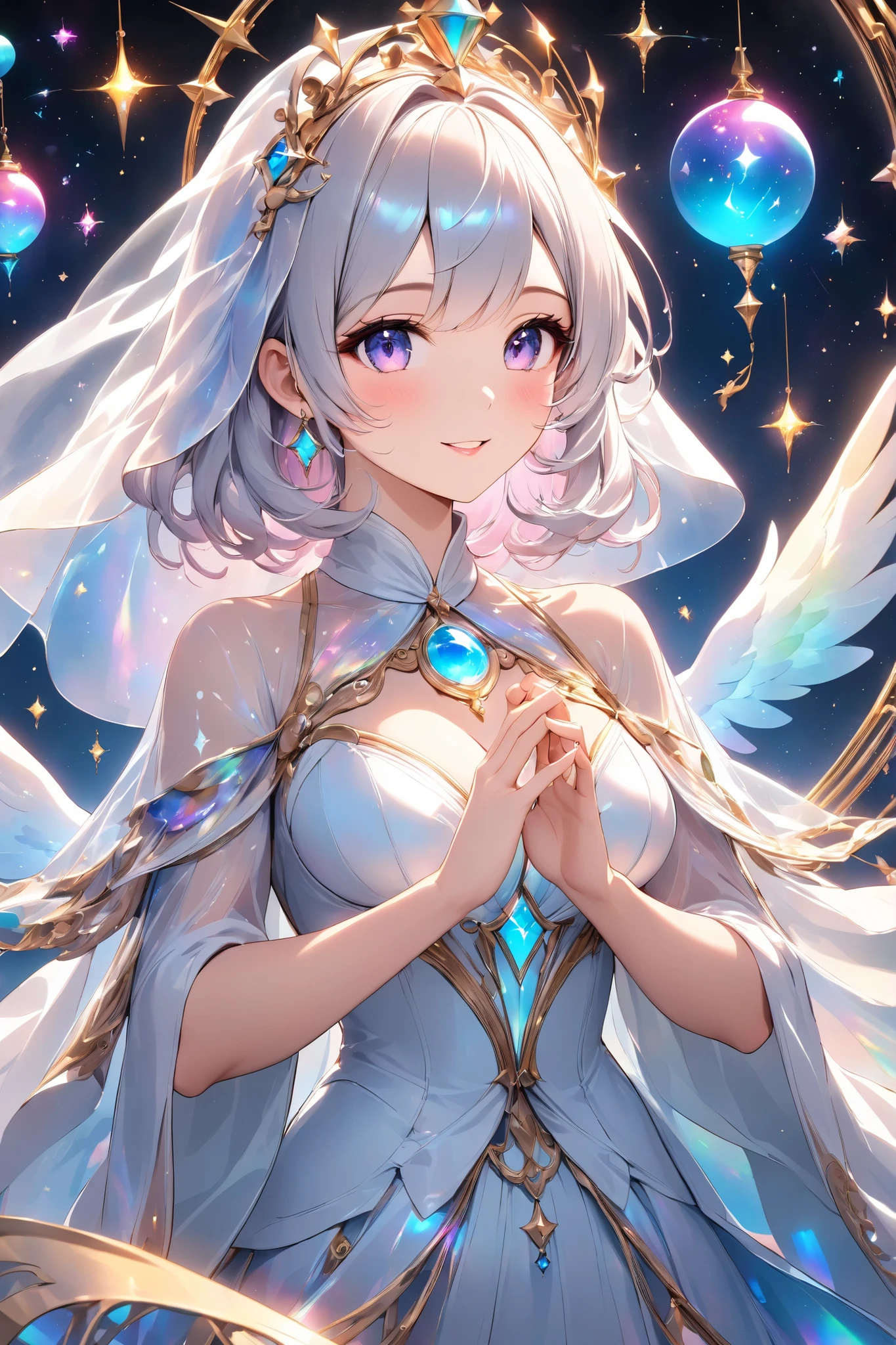 Lumiere, mysterious and sensual, transparent glow, flowing celestial form, alluring expression,
rhythmic movement, multiple tasks,
gentle touch, beautiful hands, enveloped by beautiful hands,
multi - colored talents seeping from within,
gentle yet alluring invitation,
gradually emerging iridescent veil, delicate gestures,