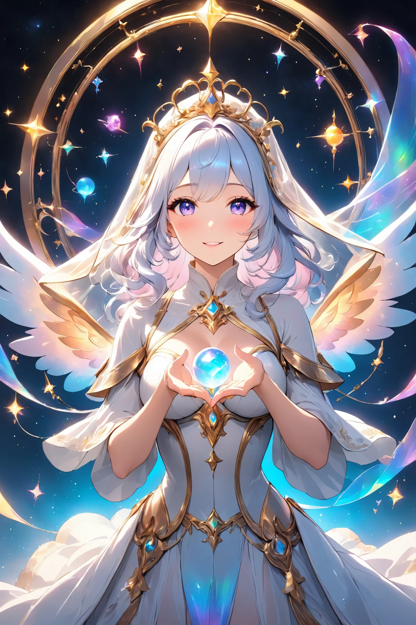 Lumiere, mysterious and sensual, transparent glow, flowing celestial form, alluring expression,
rhythmic movement, multiple tasks,
gentle touch, beautiful hands, enveloped by beautiful hands,
multi - colored talents seeping from within,
gentle yet alluring invitation,
gradually emerging iridescent veil, delicate gestures,