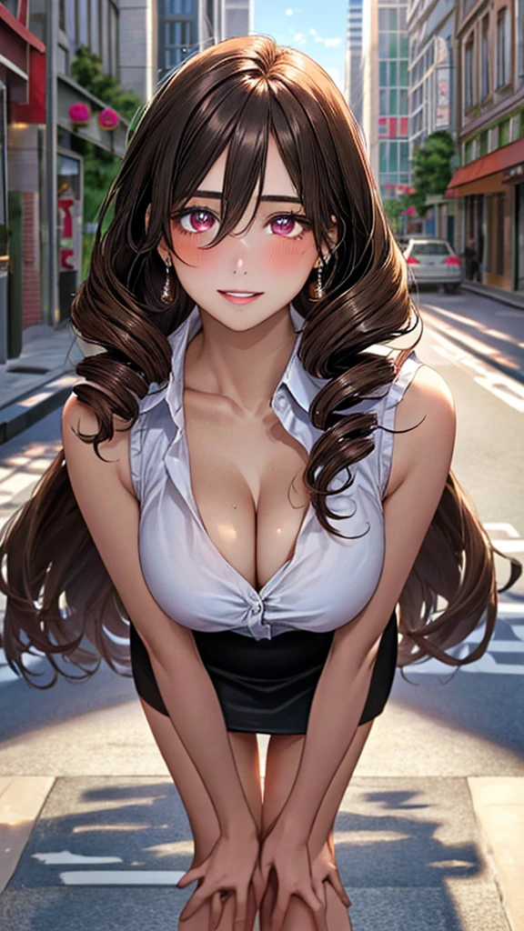 Juicy lips, Hoop Earrings, Green Eyes, Flowing brown hair, Eye highlights, smile、Prostitute