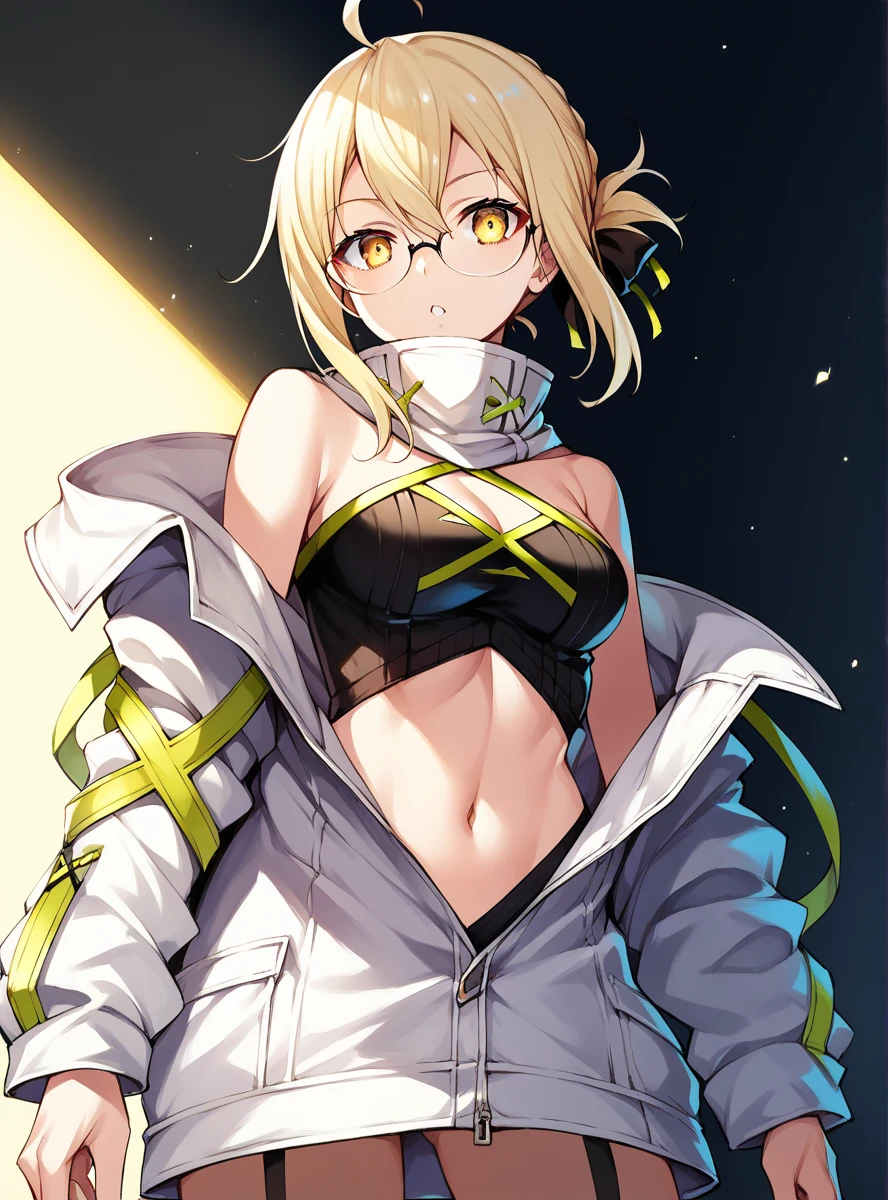 (8k, High resolution, Super detailed, (masterpiece:1.6), One girl , Ahoge , Blonde , Crop top , Glasses , Medium chest , abdomen , belly button , Short shorts , Sitting , Sleeves are longer than the wrist , White jacket , Yellow Eyes