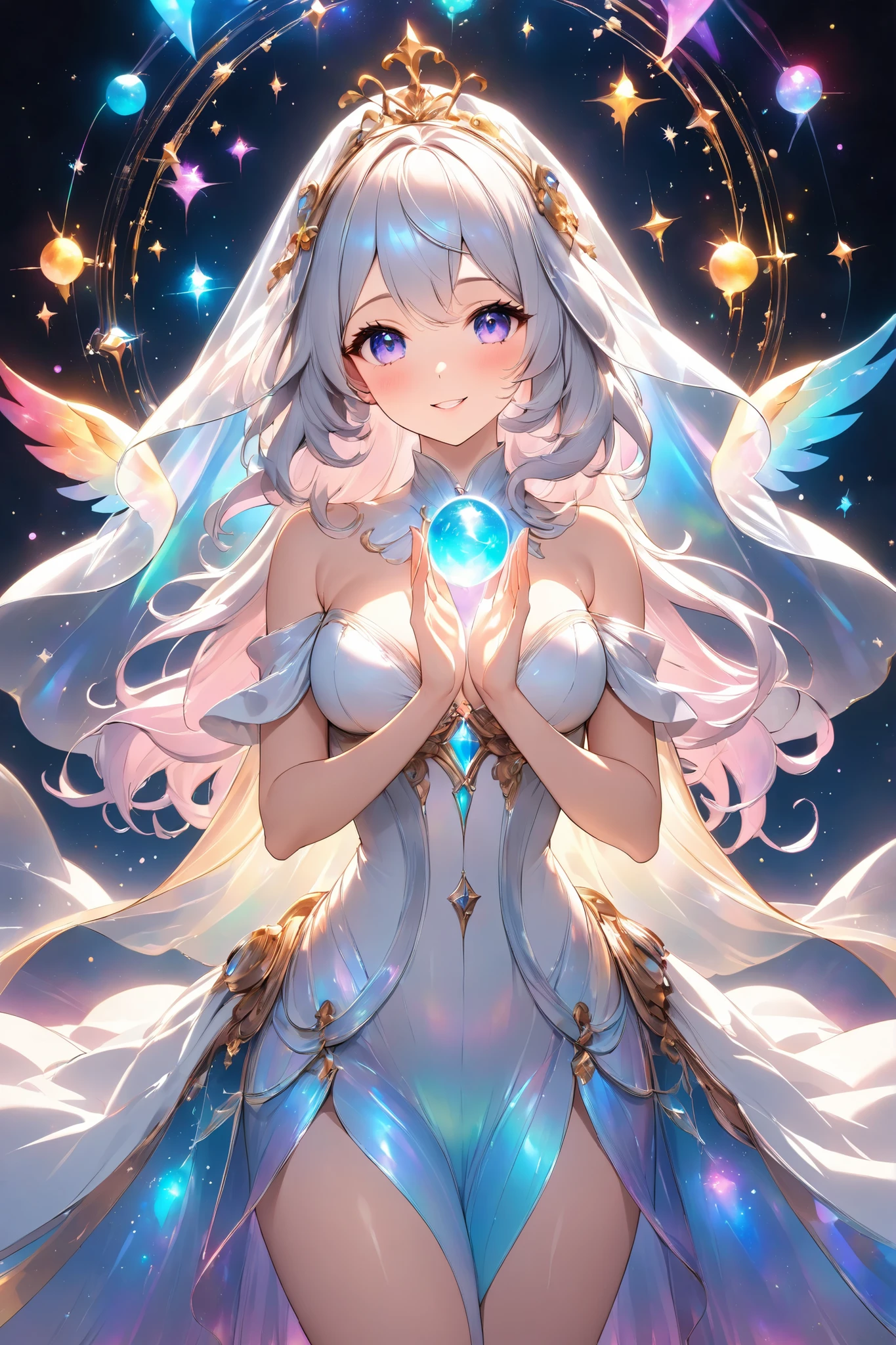 Lumiere, mysterious and sensual, transparent glow, flowing celestial form, alluring expression,
rhythmic movement, multiple tasks,
gentle touch, beautiful hands, enveloped by beautiful hands,
multi - colored talents seeping from within,
gentle yet alluring invitation,
gradually emerging iridescent veil, delicate gestures,