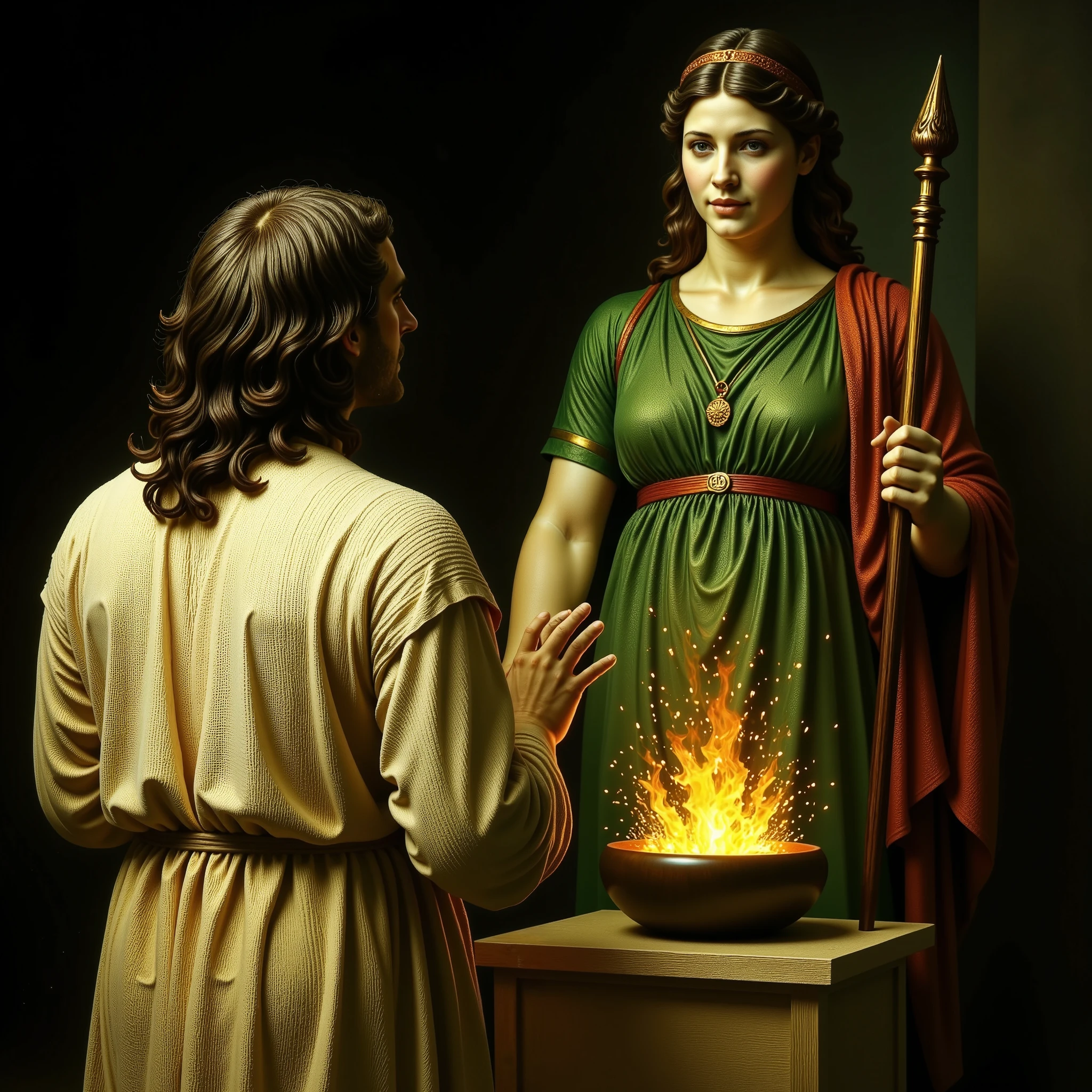 An epic mythological scene from Ancient Greece, seen from behind. King Eurystheus stands before his home altar, his back to the viewer. He wears a simple, long, wrinkled white robe, with long brown hair and a gray beard. In front of him, centered in the composition, stands a life-size statue of the goddess Hera, made of white marble and painted as she was in antiquity: a green dress with red details, brown hair held back by a golden crown, a serene expression, and a majestic posture. The goddess holds a golden scepter in one hand. At the statue's feet, a lit pyre throws sparks and illuminates the scene with warm, golden hues, contrasting with the dark background of the temple. The style is classical and realistic.