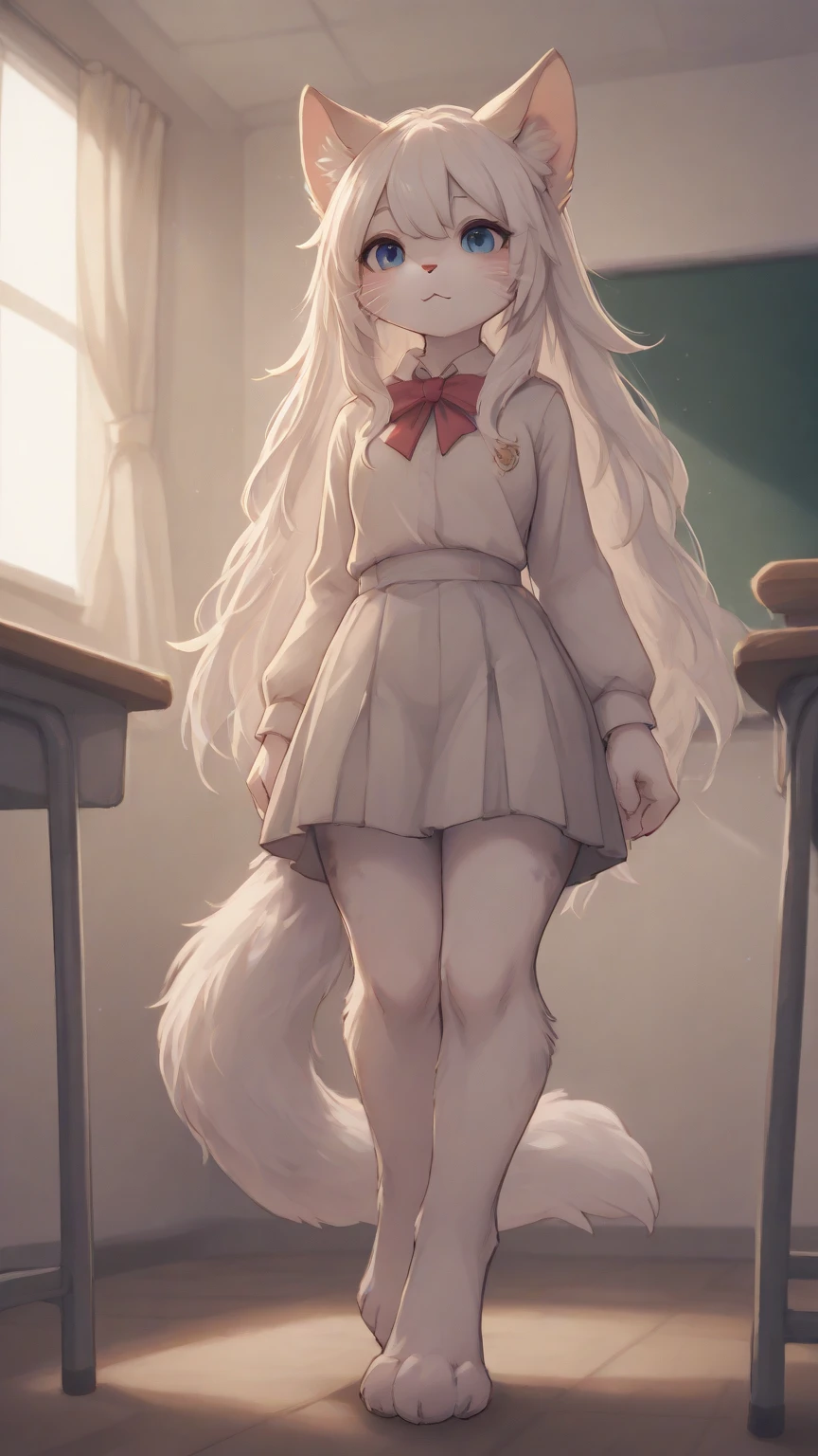 nsfw, Ultra realistic, masterpiece, highest quality, ultra detail,adorable, (detailed and intricate), white fur, attached rabbit tail, (hair),(perky small breasts), (grey furry body:1.3),detailed face, detailed light purple eyes, detailed eyes, (detailed eyes:1.1), (grey petite anthro bunny:1.2), wide hips, (furry:1.3), aroused, happy, embarrassed, (blush),(detailed schoolgirl outfit), white thigh highs, smooth,intricate detail, gorgeous female photo, professionally retouched, realistic professionally color graded photograph, natural lighting, realistic, light particles,fine fabric emphasis, bokeh, suggestive pose,by Pino Daeni, by Ruan Jia, by Shiitakemeshi, by Alayna Lemmer, by Carlo Galli Bibiena, detailed classroom background