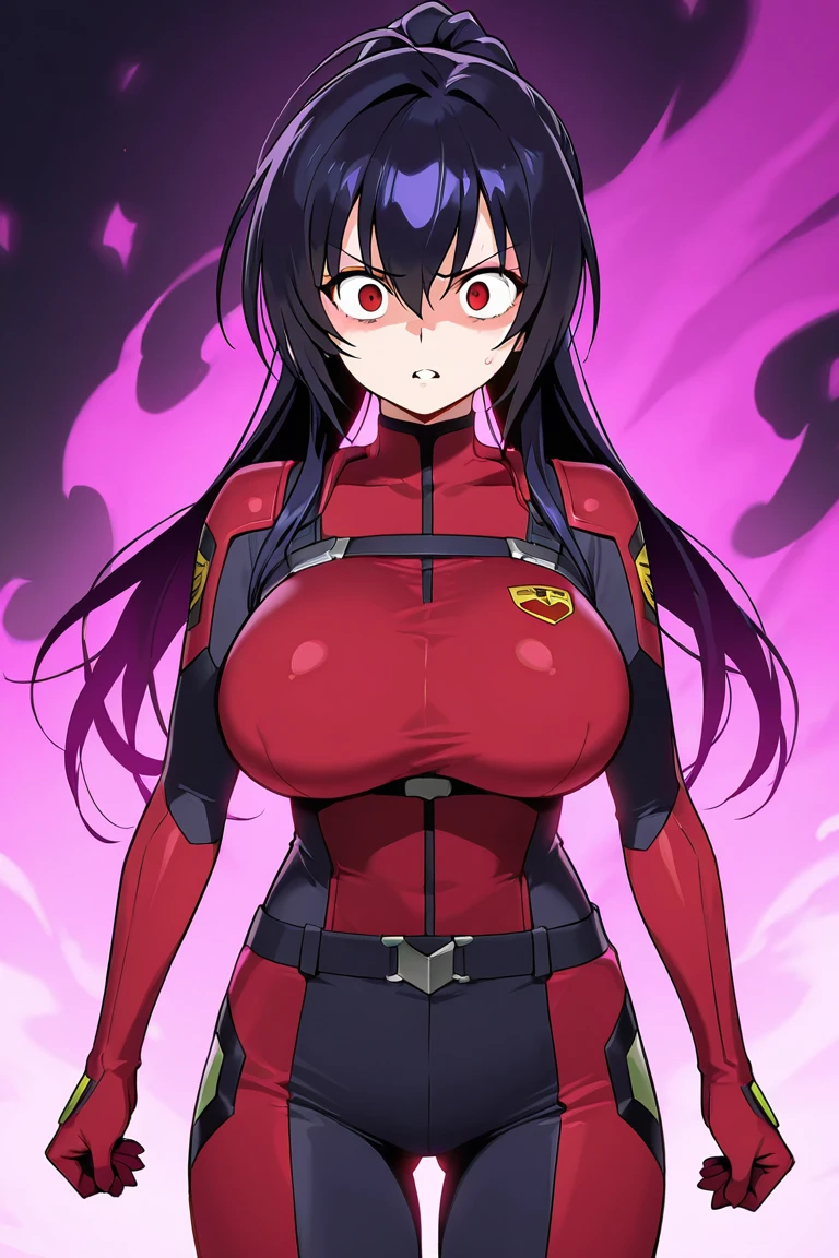 zero two \(darling in the franxx\), darling in the franxx, 1girl,blunt bangs, covered navel, eyeshadow, purple eyes, hair behind head, horns, smile, long hair, looking at viewer, makeup, medium breasts, pilot suit, red suit, dark blue hair, red eyeshadow, science fiction, skin tight, solo,  hinata as zero two, hinata hyuga