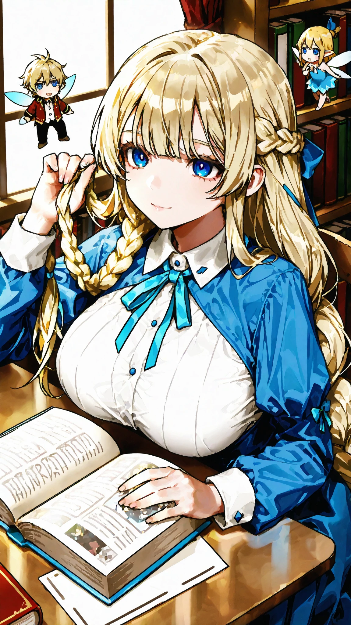 (masterpiece, best quality, detailed face, detailed eyes, high res, high quality),ultra-detailed,solo,from above,looking down,very long hair,embarrassed,white hat,Off Shoulder Vertical Sweater,light blue eyes,long white sleeves,book,black_band, bookshelf,1girl,  blonde_hair, library, sitting,  solo, black horn,very huge breast,(one hand on breast),(one hand in her dress),covered nipples,no underwear