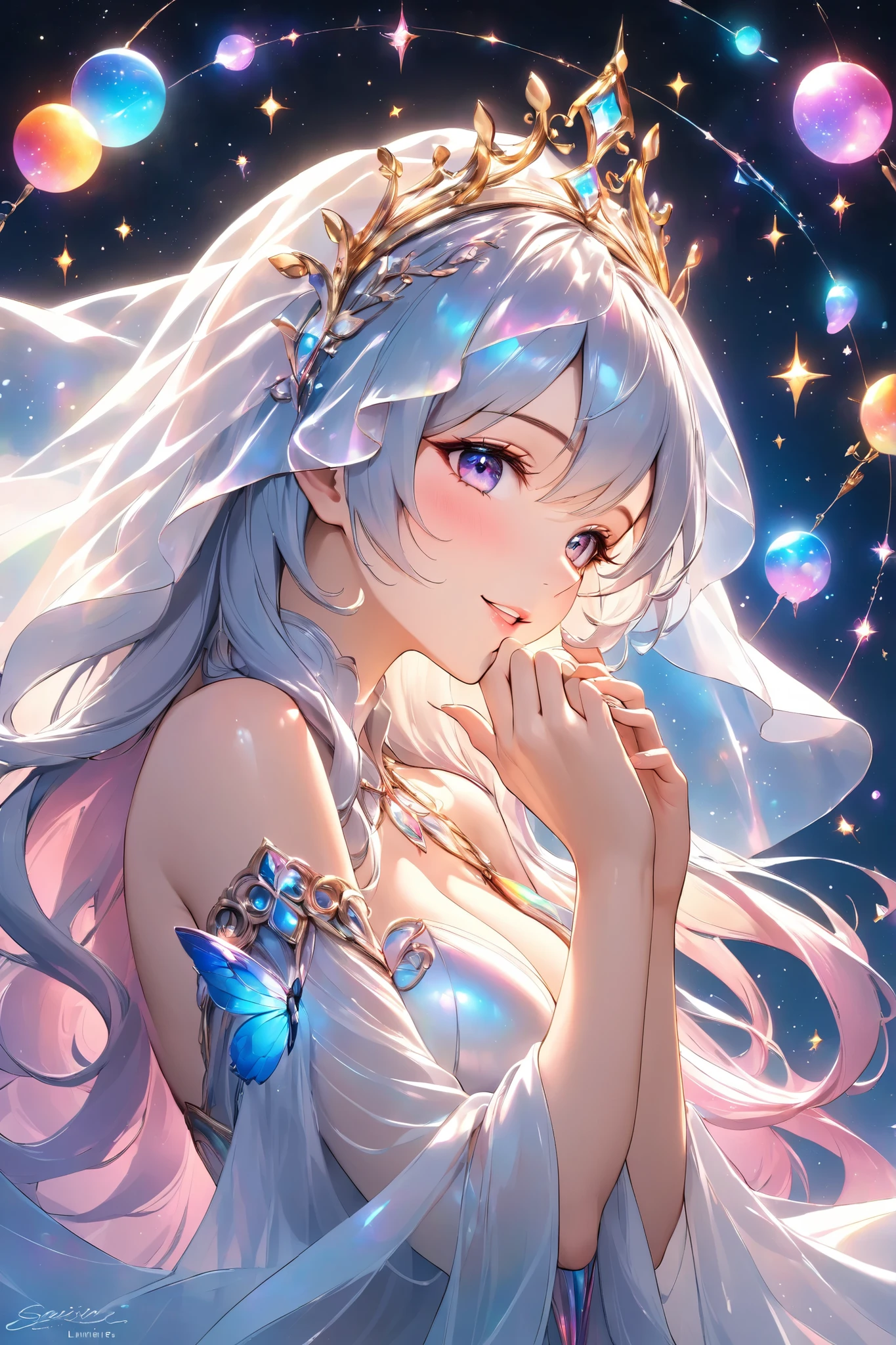 Lumiere, mysterious and sensual, transparent glow, flowing celestial form, alluring expression,
rhythmic movement, multiple tasks,
gentle touch, beautiful hands, enveloped by beautiful hands,
multi - colored talents seeping from within,
gentle yet alluring invitation,
gradually emerging iridescent veil, delicate gestures,
gentle embrace, passionate kiss, savoring each other,