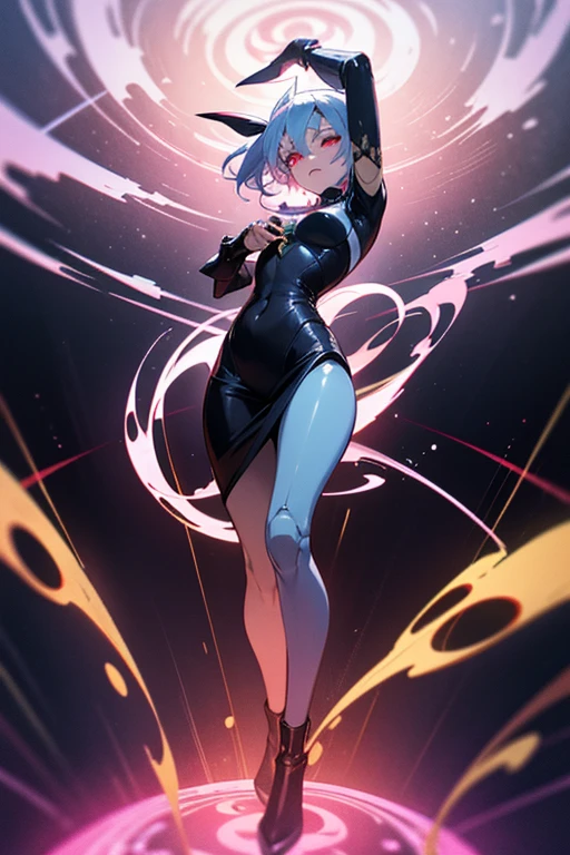 1girl, leotard, spinning, time travel, super power, superhero, spinning like a tornado, tornado, super tornado, whirlwind, twirling, super speed, bare legs, anime, super spin, standing, detailed, boots, gloves, rapid gyration, perfect anatomy, perfect hands, belt