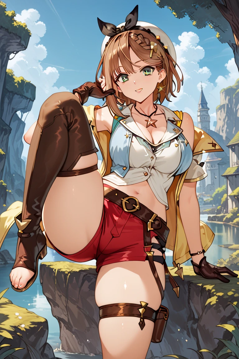 masterpiece, best quality, super fine illustration, an extremely beautiful girl, highly detailed beautiful face and eyes, 1girl, shy, full-face blush,  <lora:reisalinStoutAtelier_v10:0.7>, reisalin, brown-hair, brown-eyes, hairclip, earrings, jewelry, short-hair, white-headwear, hat, hair-ornament, brown-gloves, necklace, x hair-ornament, short shorts, hot pants, braid, thighs, large breasts, embarrassed, Knee-high boots, perfect hands, closed mouth