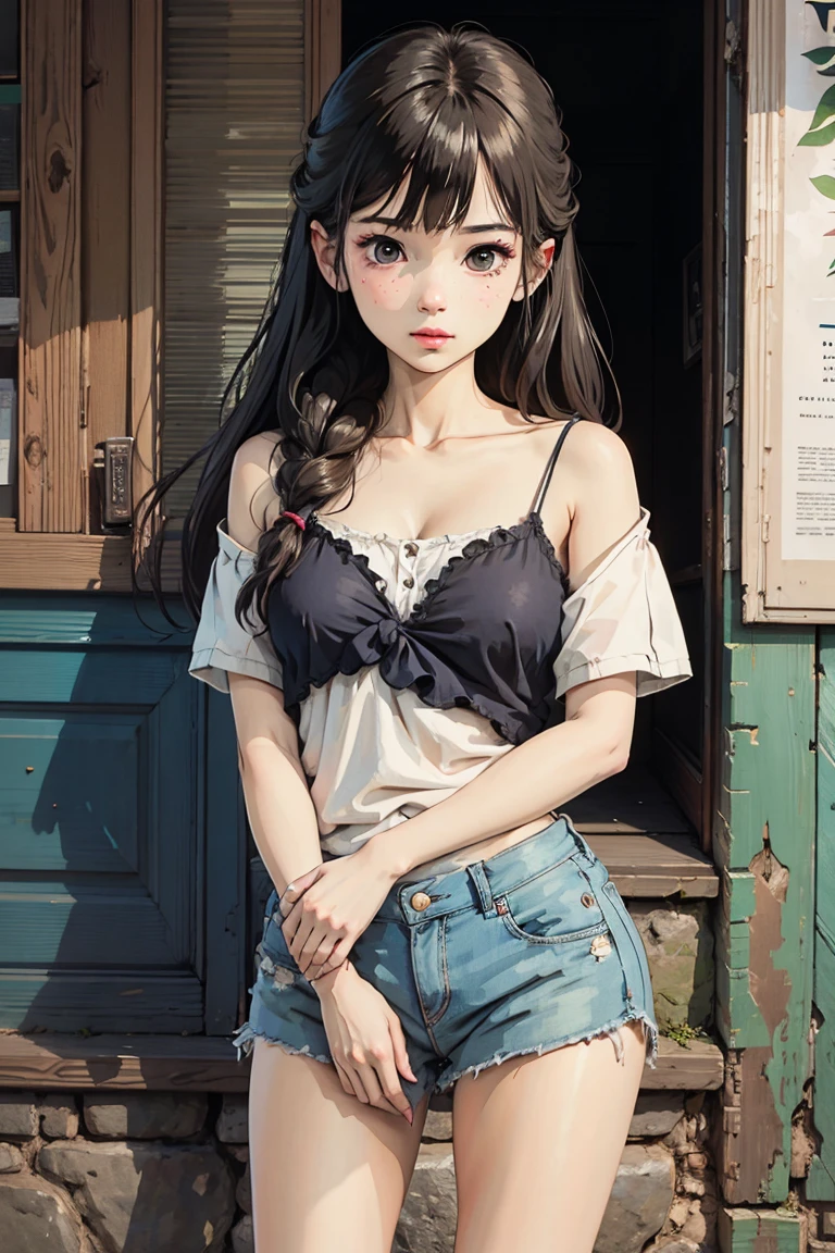 (masterpiece, Best Quality, ultra-detailed, high resolution, extremely detailed CG, official art, Professional Lighting, Perfect ???????, anime colors), (from below), looking at viewer, cowboy shot, perfect body, a 24yo beautiful girl, sidelocks, hairband, earrings,medium hips, glamorous body,a small face,beautiful-makeup,Makeup light,dark brown hair, Amazing Cleavage, thin waist, cute ass, Raised sexy, small breast: 1.2 posed cleavage:1.2, (off shoulders,Denimbra,legginullnude), micro denim shorts, bare legs, nail_polish, pale skin, Waiting friend, (morning:1.5), tokyo, (convenience store:1.3), outdoor, (depth of field:1.3), contrapposto, (Hold a coffee in your hand:1.3),delicate beautiful face, Bright blue eyes, cute eyes, sparkling eyes, Big eyes, (perky chest:1.1), (pointed chest:1.3), looking at viewer,
