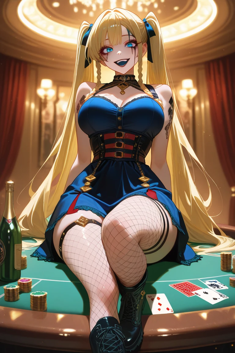 ((masterpiece, best quality)), (1girl),((mature female)), lightbrown hair, ((playboy bunny, )),hair over one eye,pantyhose,big breast,(busty),slim,grin, [wide hips],casino card table,lying, armpits,<lora:asunaLoraCollectionOf_asunaHard:0.8>,asuna \(blue archive\), from above