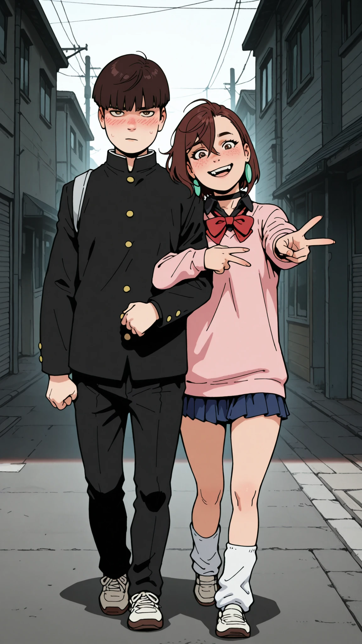 HDR, 8K, masterpiece, best quality, amazing quality, very aesthetic, realistic, newest, volumetric lighting, (flat colors:0.7), (artist:incase:0.3), (artist:tsuaii:0.3),Sinozick_illu, 1girl, 1boy, momo ayase (dandadan), brown hair, short hair, hair between eyes, asymmetrical bangs, brown eyes, earrings, black choker, school uniform, white collared shirt, pink sweater, long sleeves, red bowtie, blue skirt, miniskirt, white socks, loose socks, brown footwear, Shigeomob, Bowl cut, School uniform, gakuran, black shirt, black pants, white footwear, full body, straight on, walking, shoulder to shoulder, locked arms, Momo Ayase is laughing, looking at viewer, gyaru v, mob is blush and looking down, mob face, outdoors, street,