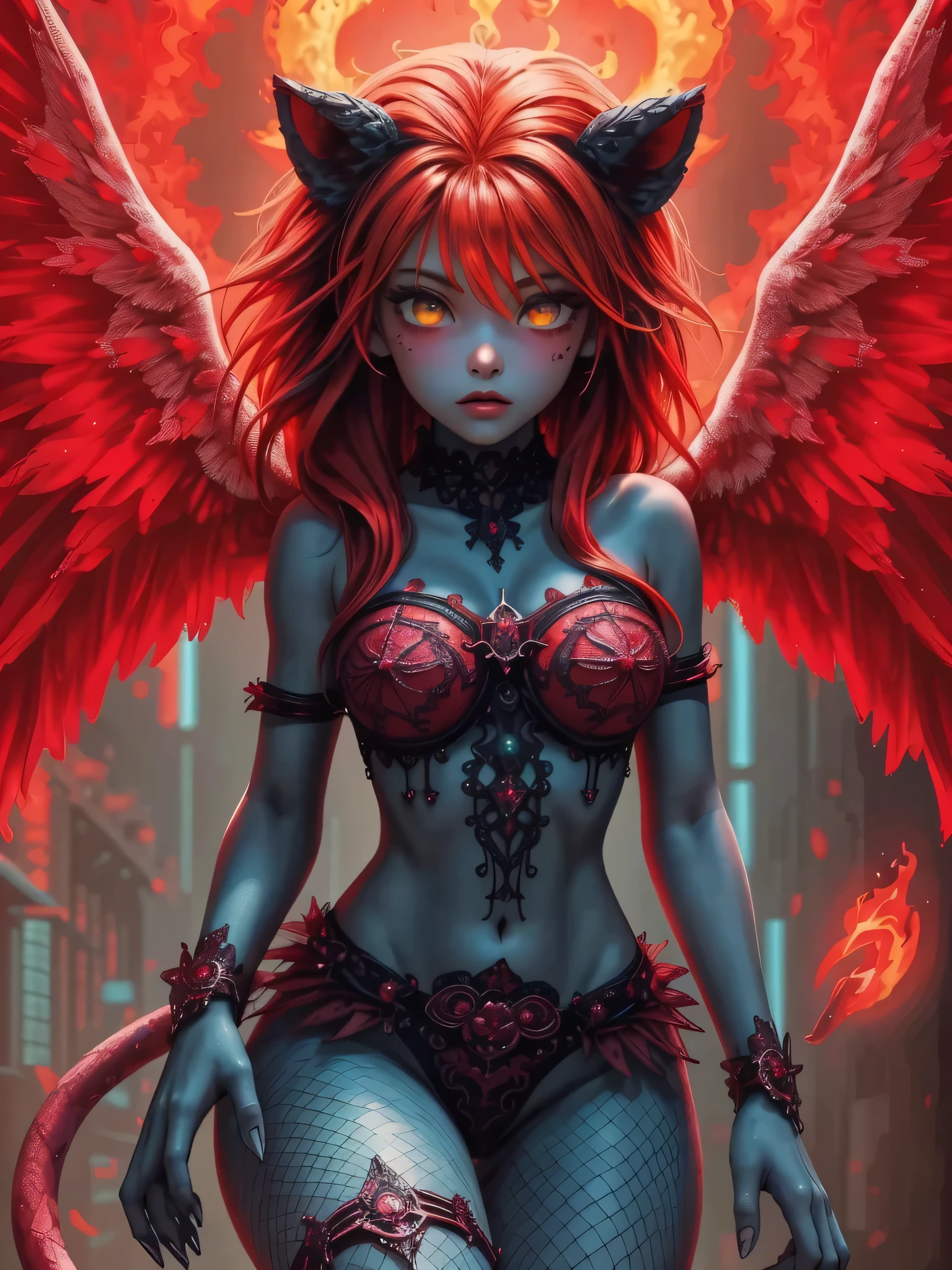 ((Highly accurate drawing across the details) Extremely accurate depiction )[high resolution],((Realistic Textured Expression)),(Clear and precise illustrations),(Very fine and precise drawing ),(Delicate lines with slow speed)[[Beautifully color-tressed main lines]], Digital Data Hell Background[Explosive Flame[magma]],[[HENTAI]][[ ANIMATED]][kawaii]([[asian]日本人Beautiful girl](BEASTGirl[Fallen Angel[Silicon life forms]]Lion Girl)(Beautiful girl[[Eyes of the Beast]((Red Eye)Beautiful, big eyes with dark colors[Clear, multi-lenticular iris])[Eyes that seem to have flames in the back]][13 years old])(Blue-gray skin:1.6)((muscular))(( redhead:1.4)Burning Flame Mane[burning])[Very thin chest[Pointed nipples]][リアルな乳頭のdetails][A poisonous snake with a tail][Prismatic feathers[Snake Scales]],[A halo of fire overhead](羽毛と花弁で飾られたFallen Angelのワンピースドレス[[frills][Complex and Beautiful Lace Processing]][[[see-through]]Wear soft auroral light[Intricate Light Reflection and Transmission]])[off shoulder][Zoroaster[Gnostic false angels ]],[During orgasm](Humidity[ecstatic])Natural Eros(gravure),[IDEAL EROTICISM],(Fine, and beautiful skin expression[Transparencyのあるリアルな皮膚テクスチャ]),(Beautiful eyes drawn with precision detail[Clear Big Eye Contours])[[深いTransparency][Sharply defined pupils](Gem-like Iris that Intricate Reflects Light)((Beautiful eyes rendered with sharp detail))]),[[Eye Light]],[Long and beautiful eyelashes],[Soft looking lips[Slightly Wet Luster]],[[Uncluttered hairstyle]Precisely Drawn Hair One by One[美しく艷やかな髪のdetails]],(完璧な手のdetails[Beautiful fingers without flaws[Beautiful nails]]),[[[[Beautiful navel]リアルな臍のdetails]]],(Perfect Anatomy(perfect proportions that are well-balanced))[[full body view:0.4]],[[design built to a high level[The golden ratio]]][ideal color coordination(Accurate Simulation of Light and Material Interactions)[Beautiful and vivid color(Moderately Soft Contrast Balance)[Soft chroma]]],([HighQuality]high resolution(details(High precision in selection))),[[Soft ambient light[soft focus from 1]]],[[photorealistic]],[[perfect proportions(Transparency)]][Narrative Visual Art][[full body view:0.4]][Colorful],[[personalization]](High-density drawing expressions)(最high resolution).
