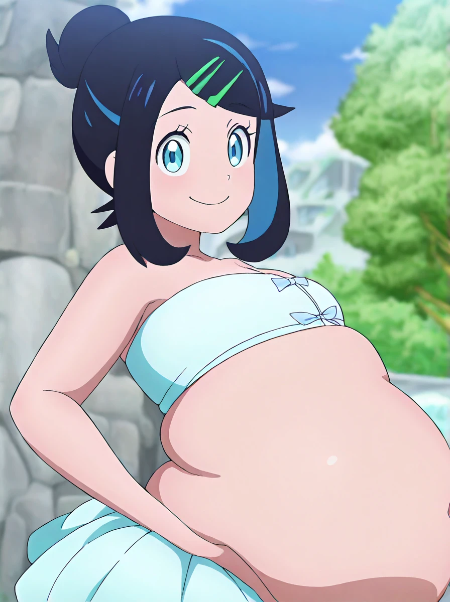 masterpiece, best quality, highres, 1girl, solo, dawn (pokemon), outdoors, bare shoulders, smile, playa, fondo de playa, sonrisa, bikini, microbikini, micro bikini, pink bikini, pregnant, embarazada, vientre de embarazo, barriga de embarazada. 