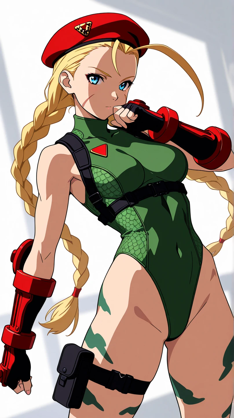 masterpiece, full body, standing, best quality, highres, 1girl, mature, 30yr old, angry expression, 2d sprite, cammy white, twin braids, muscular, long hair, blonde hair, wide hips, antenna hair, beret, (red headwear:1.3), blue eyes, scar on cheek, green leotard, large breasts, sleeveless, red gloves, fingerless gloves, camouflage, <lora:cammy_white_v1:0.9>, standing in the jungle on a dirt road, flat colors, horizon, sunny, <lora:add_detail:0.5>