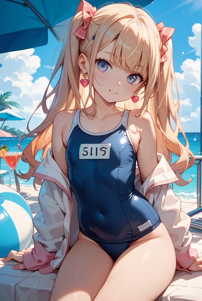 ((2D Beautiful Girl、highest quality、Perfect Finger 1.3、Perfect Anatomy 1.3、Very delicate and beautiful illustration))、pretty girl、(Conversion Sequence)、((Swimwear))、14 years、Slender beautiful girl、Fractal Art、Baby Face、((Straight Long Hair))、Big droopy eyes、Laughter、Full-body display、(1 person)、Long sleeve、School swimming pool、Are standing、