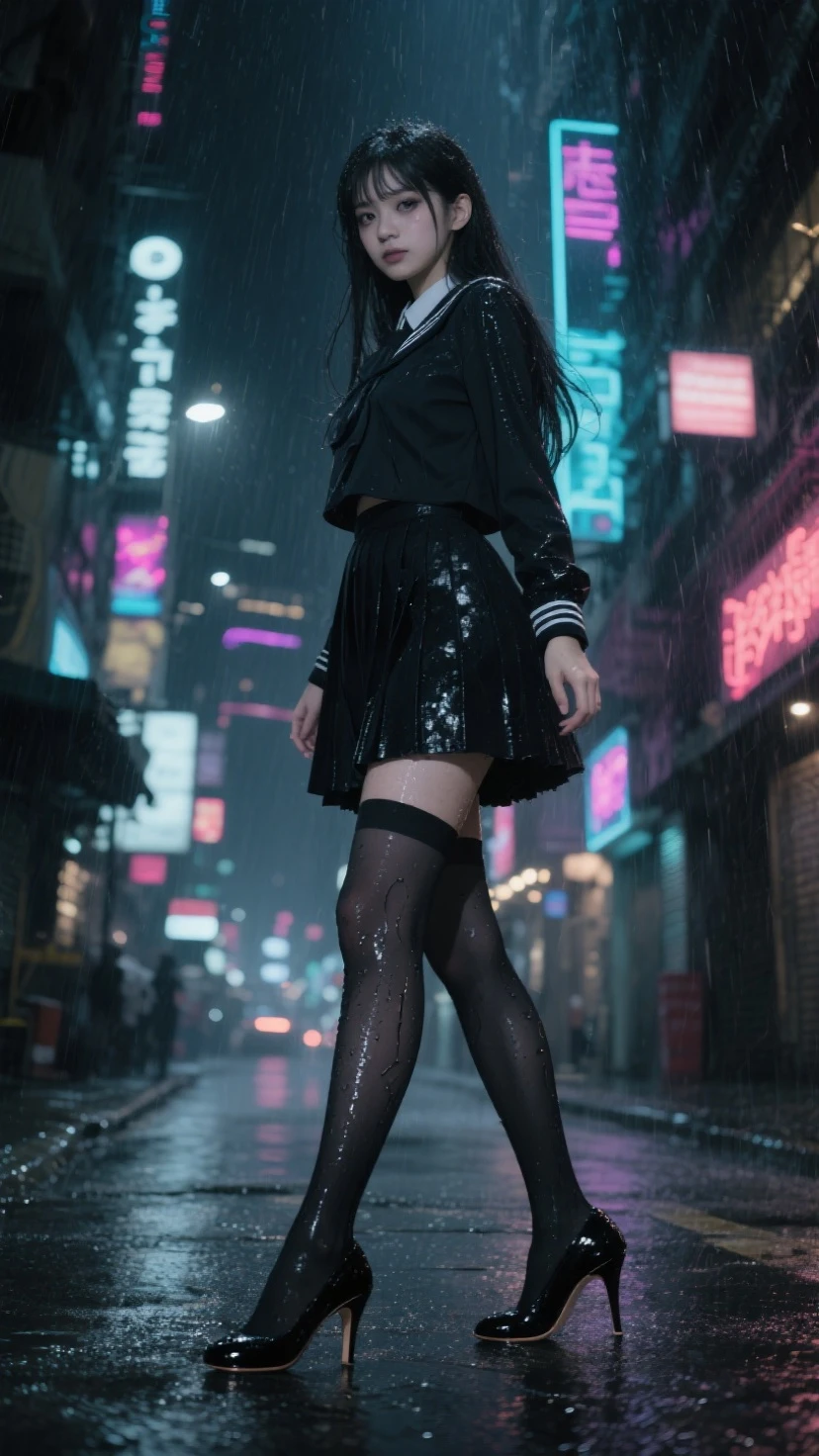 (One girl), masterpiece, photoRealistic, 8k, (Realistic: 1.2), whole body, View your viewers, pantyhose, Purple Hair, (Kafka: 1.2), walk, beauty, (Medium chest: 1.2) night, night sky, city, cityscape, rain, (dramatic: 1.2)