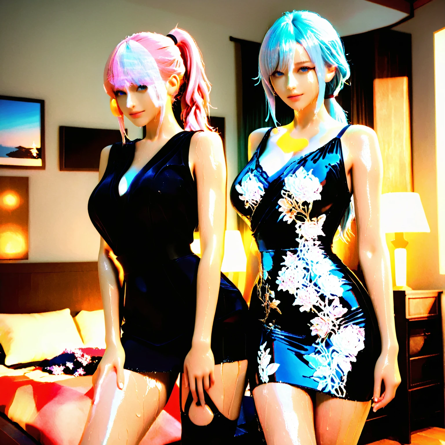 Underbust:1.55、((Spread your legs))、Browsing Caution:0.55、((((Three girls standing in a row))))、Very smiling、Laughing with your mouth open、((Everyone has a different hair color:1.25))、((Everyone has a different hairstyle:1.25))、Various lace lingerie、Highest quality、Ultra-high resolution、(Photorealistic:1.85)、Japanese、Beautiful Eyes、Super Beauty、Beautiful breasts、lover、Eyes that invite the viewer、loverの視点、Attractive appearance、Sexy smile、Perfect Style、Perfect balance、Detailed skin、Mischievous Gaze、I can see your chest、((Delicate photo)),(Detailed RAW photos of girls), (Tabletop:1.25), (Highest quality:1.6), (Ultra-high resolution:1.5), (Realistic:1.75), 8K resolution, Canon EOS R5, 50mm, Absurd, Ultra-detailed,Cinema Lighting,Pastel colored lingerie、Nice room、See-through underwear、See-through panties、