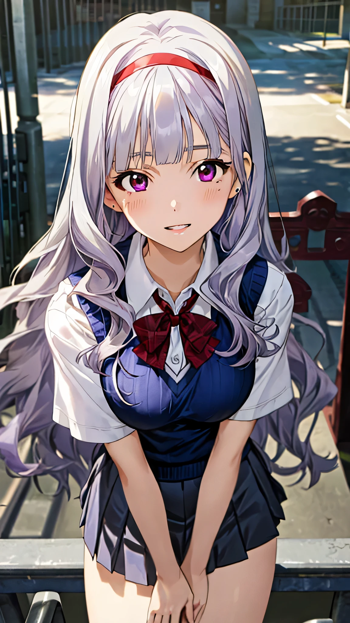 (masterpiece:1.3, top-quality, ultra high res, ultra detailed), realistic, photorealistic:1.5, beautiful illustration, perfect lighting, natural lighting, colorful, depth of fields, , ,
beautiful detailed hair, beautiful detailed face, beautiful detailed eyes, (perfect fingers, five fingers, perfect anatomy, anatomically correct, super detailed skin), white skin, shiny skin,
looking at viewer, (pov, close up), 1 girl, high school girl, takane shijou, cute and symmetrical face, perfect face, perfect eyes, perfect body, babyface, cute face:1.2, tiny,
(long hair, straight hair, long sidelocks, purple silver hair), blunt bangs, dark purple eyes, long eye lasher, (large breasts, seductive thighs), slender, skin dentation, outstanding style,
(detailed cloth texture), break (purple hairband), break (dark blue knit vest:1.2), break (navy pleated mini skirt), break (short sleeve white collared shirt), break (red bow tie), break
(beautiful scenery), summer, evening, detailed background, (school gate:1.5), standing, (hand between legs), (lovely smile, upper eyes, parted lips),