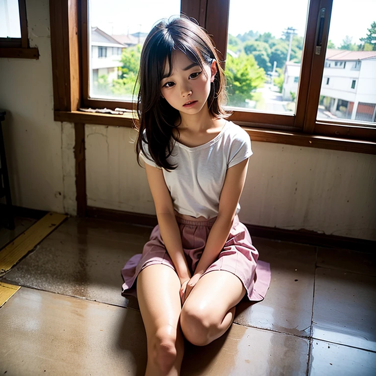 ((highest quality)), ((masterpiece)), (be familiar with), Perfect Face, Indian,9 years old,Girl,cute,Entrance of the house,night,Crouching pose,Prostration, white panties