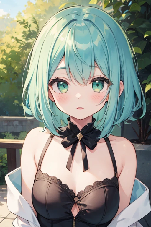 ((masutepiece)), ((Best Quality)), ((8K)), High resolution, 1girl in, Cat ears, Beach, Blue and green hair, bob cuts, Seductive smile, Naughty face, Tongue out, Large breasts, Gothic lolita,