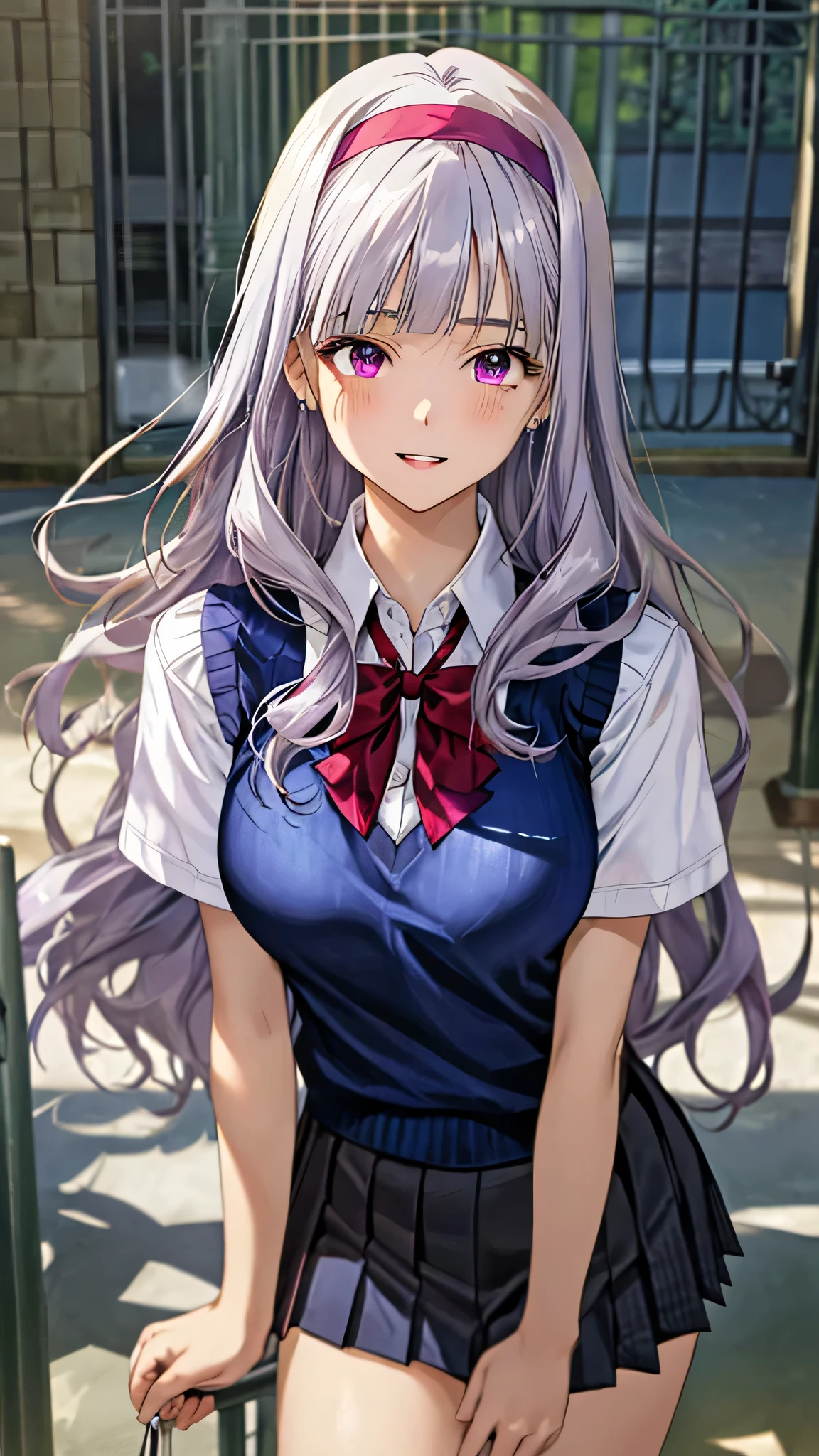(masterpiece:1.3, top-quality, ultra high res, ultra detailed), realistic, photorealistic:1.5, beautiful illustration, perfect lighting, natural lighting, colorful, depth of fields, , ,
beautiful detailed hair, beautiful detailed face, beautiful detailed eyes, (perfect fingers, five fingers, perfect anatomy, anatomically correct, super detailed skin), white skin, shiny skin,
looking at viewer, (pov, close up), 1 girl, high school girl, takane shijou, cute and symmetrical face, perfect face, perfect eyes, perfect body, babyface, cute face:1.2, tiny,
(long hair, straight hair, long sidelocks, purple silver hair), blunt bangs, dark purple eyes, long eye lasher, (large breasts, seductive thighs), slender, skin dentation, outstanding style,
(detailed cloth texture), break (purple hairband), break (dark blue knit vest:1.2), break (navy pleated mini skirt), break (short sleeve white collared shirt), break (red bow tie), break
(beautiful scenery), summer, evening, detailed background, (school gate:1.5), standing, (hand between legs), (lovely smile, upper eyes, parted lips),