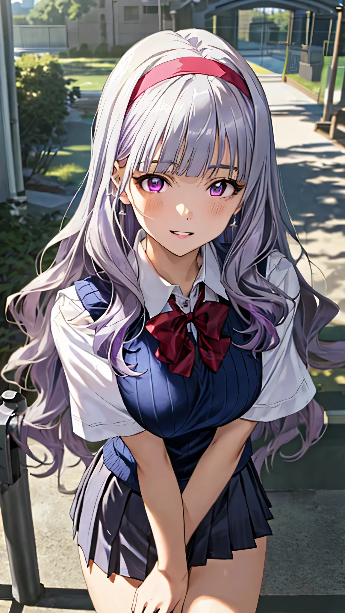 (masterpiece:1.3, top-quality, ultra high res, ultra detailed), realistic, photorealistic:1.5, beautiful illustration, perfect lighting, natural lighting, colorful, depth of fields, , ,
beautiful detailed hair, beautiful detailed face, beautiful detailed eyes, (perfect fingers, five fingers, perfect anatomy, anatomically correct, super detailed skin), white skin, shiny skin,
looking at viewer, (pov, close up), 1 girl, high school girl, takane shijou, cute and symmetrical face, perfect face, perfect eyes, perfect body, babyface, cute face:1.2, tiny,
(long hair, straight hair, long sidelocks, purple silver hair), blunt bangs, dark purple eyes, long eye lasher, (large breasts, seductive thighs), slender, skin dentation, outstanding style,
(detailed cloth texture), break (purple hairband), break (dark blue knit vest:1.2), break (navy pleated mini skirt), break (short sleeve white collared shirt), break (red bow tie), break
(beautiful scenery), summer, evening, detailed background, (school gate:1.5), standing, (hand between legs), (lovely smile, upper eyes, parted lips),