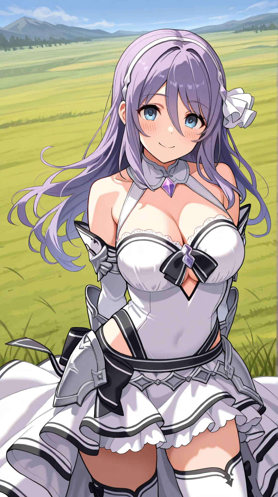 masterpiece, best quality, solo, 1girl, <lora:camilla-xl-nvwls-v1:1> sprCamilla, hair over one eye, fake rabbit ears, hairband, hair flower, frilled choker, leotard, black gloves, pantyhose, large breasts, wariza, on ground, flower patch, looking at viewer, hand on own chest, blush, smile