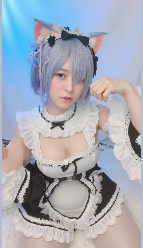 (masterpiece, Highest quality),Kiddy, Small breasts, Cleavage, Frilled swimsuit, Gray Hair,,Scrunchie, , (Suggestive:1.2), (smile:0.7), Upper Body