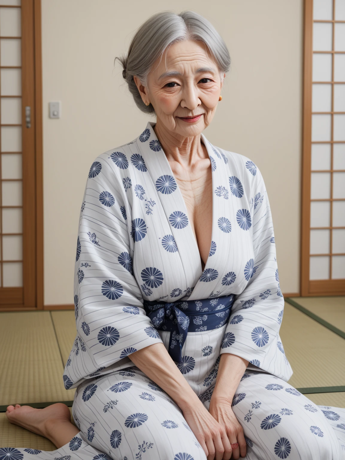 60 years old solo, Japan old woman, seduction, looking away, excitement, wrinkled dirty skin, black underwear, mourning, top quality, ultra high definition, (photoreal), medium meat, full body reflection, inn, hyperrealism --auto --s2