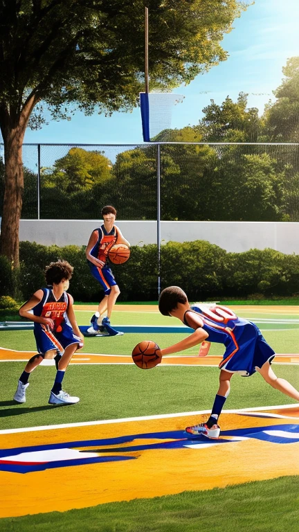 Two little boys,Play basketball on the playground,Tank top shorts,14 years old,sport,Little fat,There is a little leg hair