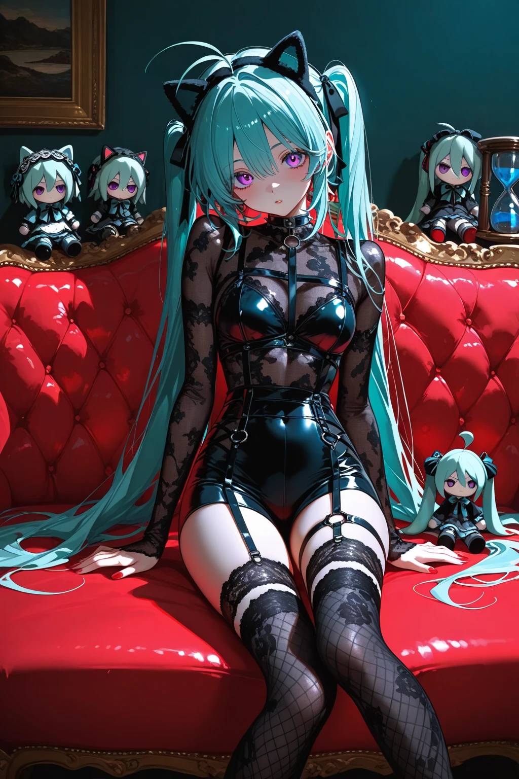 8k, 8k wallpaper, (an extremely delicate and beautiful:1.1), absurdres, (beautiful detailed eyes:1.3), (best illustration:1.1), (best quality:1.3), (best shadow:1.1), (cinematic lighting:1.2), detailed eyes, (detailed_light:1.1), (dreamy:1.1), (extremely detailed CG unity 8k wallpaper:1.1), highres, (masterpiece:1.3), official_art, ray tracing, (stylized:1.3), trending on artstation, (ultra_detailed:1.2)
(STYLE & COMPOSITION:0)
1girl, (feet_out_of_frame:1.2), (from_side:1.2)
(POSE & EXPRESSION:0)
arched_back, (bent_over:1.2), expressionless, leg_up, looking_at_viewer, parted_lips, turning_head
(CHARACTER:0)
(FACE:0)
bunny_girl, collarbone, detached_collar, eyelashes, green_eyes, green_hair, green_twintails, Hatsune_Miku, lips, long_gair, (messy_hair:1.2), rabbit_ears, very_long_hair
(PORTRAIT:0)
bare_shoulders, bodystocking, (breasts_apart:1.2), impossible_clothes, (lace:1.2), (lace-trimmed_leotard:1.2), leotard, (small_breasts:1.2), strapless_leotard, thin_body, toned
(UPPER_BODY:0)
bunny_tail, covered_navel, fake_tail, highleg_leotard, narrow_waist, rabbit_tail, wrist_cuffs
(COWBOY_SHOT:0)
(fishnet_pantyhose:1.2), slim_legs
(FULL_BODY:0)
no_shoes
(NSFW:0)
(BACKGROUND:0)
indoors
(EMBEDDINGS:0)