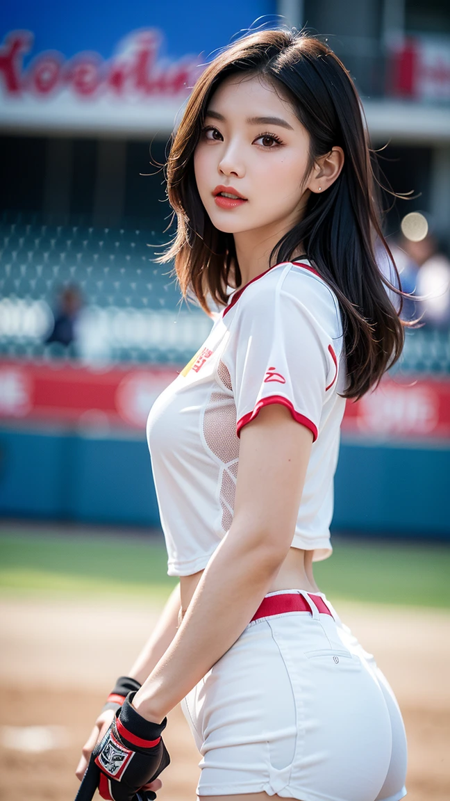 Adorable and cute, happy, 18years, medium breasts, japanaese girl, Upper body, (cheerleader baseball uniform、Wet and see-through panties, cheerleader)、Mansuji, arms up, crowded baseball stadium, Low contrast, Looking at Viewer,  (Smile embarrassedly:0.8), short Twin-tailed,  hair scrunchie, Shiny skin,  Best Quality, 超A high resolution, photographrealistic, ultra-detailliert, 8K, Raw photo, masuter piece, standing, high kick legs