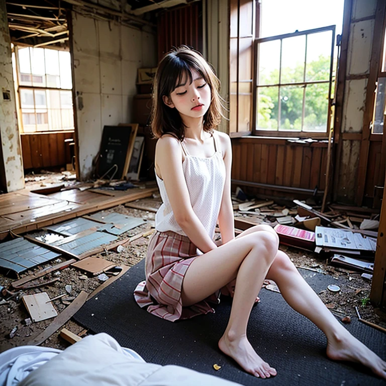 Slum scene, masterpiece, best quality, an Asian beauty, white transparent bikini, oil stain (4:1), spread legs, garbage on the ground (3:1), devastated (3:1), ragged (4:1), tattered doors and windows, piled up with debris (4:1), dilapidated floor, extreme picture quality, dirty (8:1)