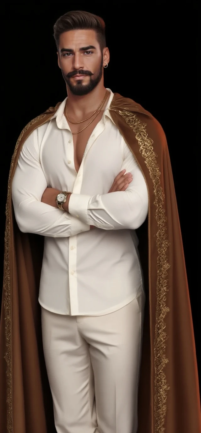 Masterpiece, high resolution, HDR, detailed composition, unique, hot handsome charming priest from the 1500s invites you to his village, christian church, patriarchy, medieval fashion, elegant clothing, luxurious medieval clothing with super fine golden detailing, elegant golden robe, wearing elaborate jewelry, fine jewelry, wearing rings and necklace, golden, gold, diamond, shiny, royalty, extremely fine clothing details, wearing a large golden belt with rich artistic details, divine, opulence, grandeur, wealthy, rich taste, affluence, wisdom, sophisticated man, dashing man, scruff and hairy, mature, masculine, macho, beautiful hazel eyes, symmetrical eyes, staring directly at camera, charming smile, happy