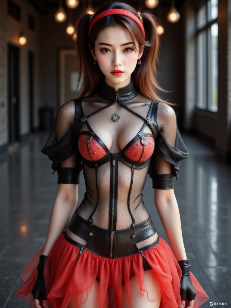 ((masterpiece:1.4)、(Highest quality:1.4)、(Realistic:1.7))、Masterpiece:1.4、(Top-notch rendering:1.4)、Super Beautiful Girl 5、Ultra-Realistic Portraits、((1 Girl:1.4))、Shiny natural skin texture、(Fashionable outfits:1.4)、(Sexy red corset:1.4)、(Sexy Mini Skirt Costume:1.4)、(An outfit that emphasizes beautiful breasts:1.4)、Attractive girl、19 years old、(Cute Tattoos:1.4)、(Perfect female body:1.4)、(Girl portrait photography:1.4)、8K、(Photorealistic images:1.4)、(Standing:1.4)、(Upper body photo:1.4)、Fantasy art、Soft front light、(Beautiful Face:1.4)、Beautiful breasts、Large Breasts:1.2、sexy ass、Detailed eyes、Beautiful and attractive eyes、Beautiful Eyes、(Beautiful girl with a slim waist:1.4)、(Narrow waist:1.4)、(9-body proportions beautiful girl:1.4)、(A beautiful girl with long legs and a good figure:1.4)、Beautiful feet:1.2、Raw photo、Red lips、Red high heels、(choker:1.4、necklace:1.4、Earrings:1.4)
