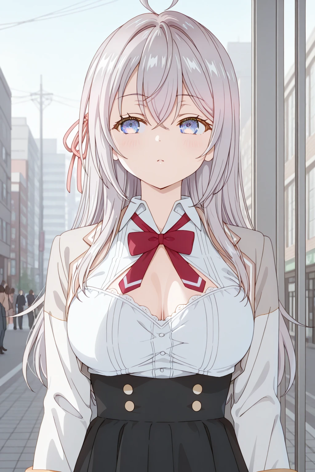 score_9, score_8_up, score_7_up, source_anime, masterpiece, absurdres, medium breasts, mature woman ,perfect face, 1girl, cute expression, smiling, looking at viewer, standing, arched back, alisamikhailovna, alisamikhailovna kujou, long hair, bangs, blue eyes, ahoge, gray hair, red ribbon, ig-sti,cleavage,business suit,no bra,pencil skirt,standing,jacket,collarbone,black skirt,center opening,open clothes